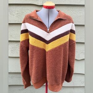 Brown Yellow & White Chevron Striped Fuzzy Quarter Zip Pullover